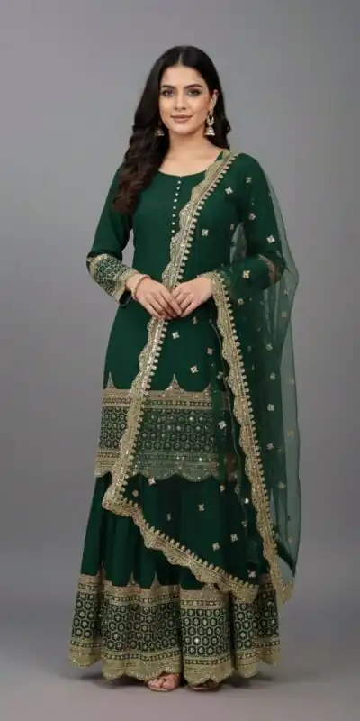 ZF 250 Green Color Faux Georgette Embroidery Sequence Work Sharara Suit Wedding, Party, Festive, Events Etc. Expected Delivery 4-6 Working Days @2099/- | Jump Suits, Salwar suit, Casual Suits, Creative suits, Designer Suits, Palazzo Suits, Party Wear Suits, Patiala Suits, Straight Suits