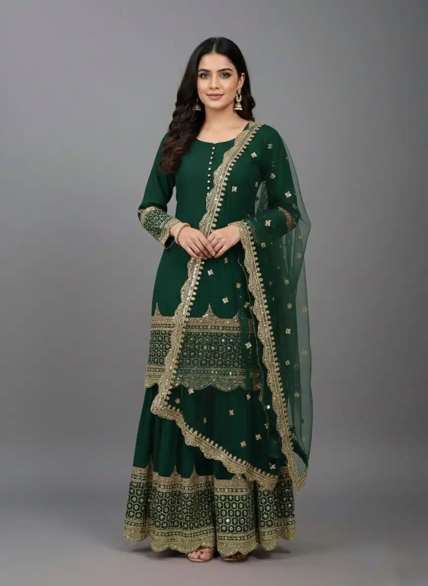 ZF 250 Green Color Faux Georgette Embroidery Sequence Work Sharara Suit Wedding, Party, Festive, Events Etc. Expected Delivery 4-6 Working Days @2099/- | Jump Suits, Salwar suit, Casual Suits, Creative suits, Designer Suits, Palazzo Suits, Party Wear Suits, Patiala Suits, Straight Suits