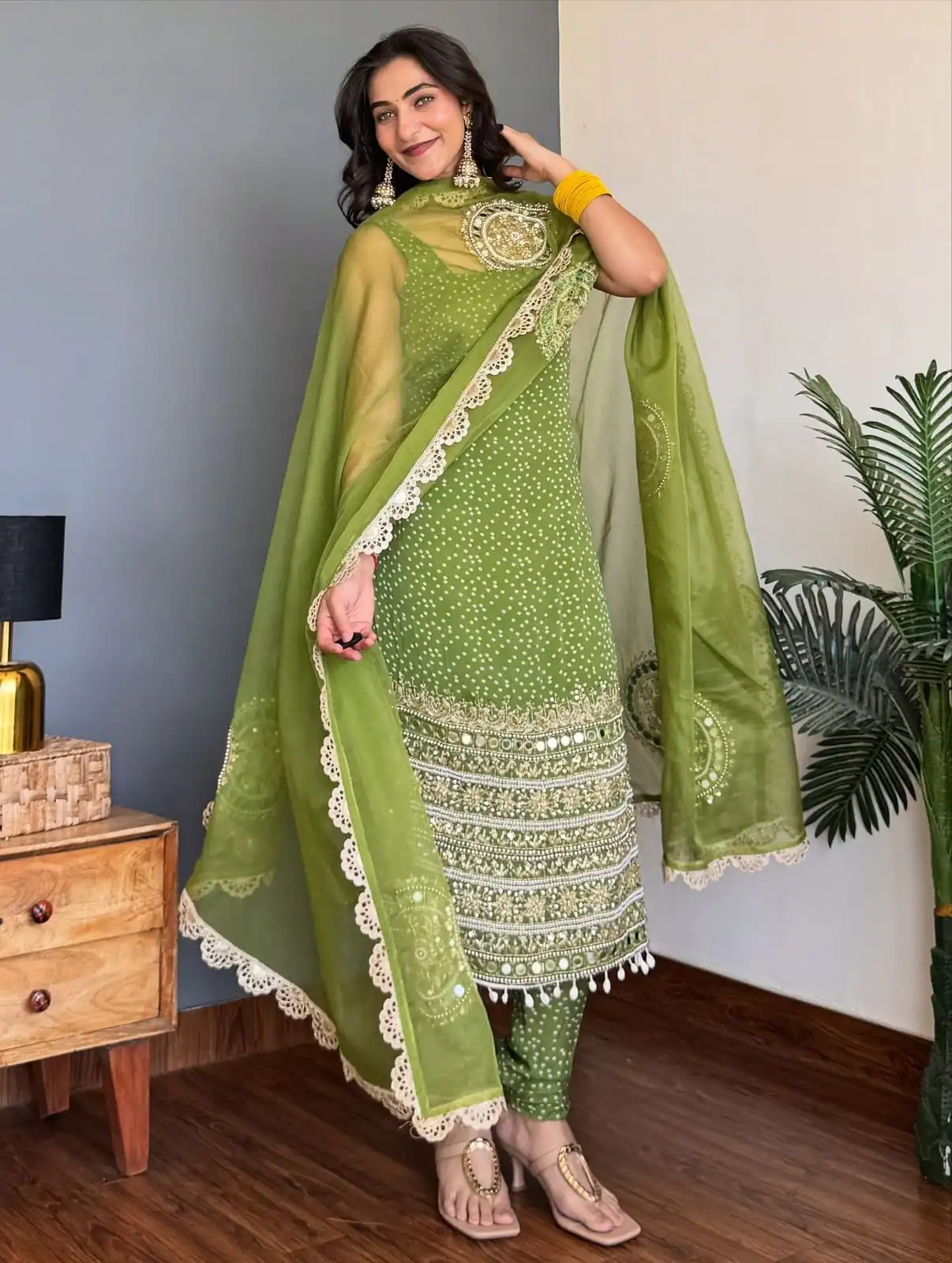 Green Faux Georgette Mirror Embroidery Work Salwar Suit - Image 2