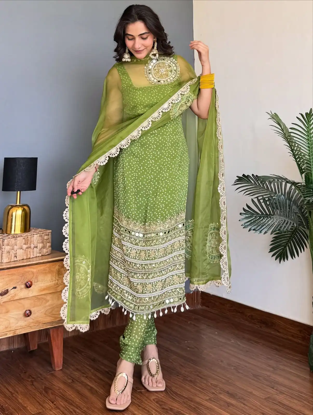 Green Faux Georgette Mirror Embroidery Work Salwar Suit - Image 3