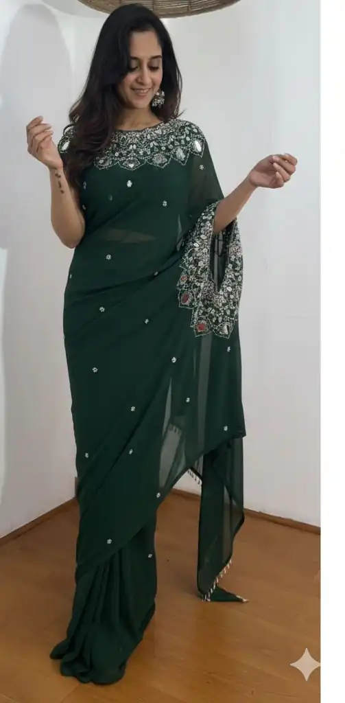 ST 1157 Green in Faux Georgette Mirror Work & Embroidery Work Saree. Festive Deal ₹1899. Delivery 4-6 Working Days. Shop now. | Designer Sarees, Sarees, Bollywood Sarees, Creative Sarees, Embroidered Sarees, Ethnic Saree, Modern Digital sarees, Party Wear Sarees