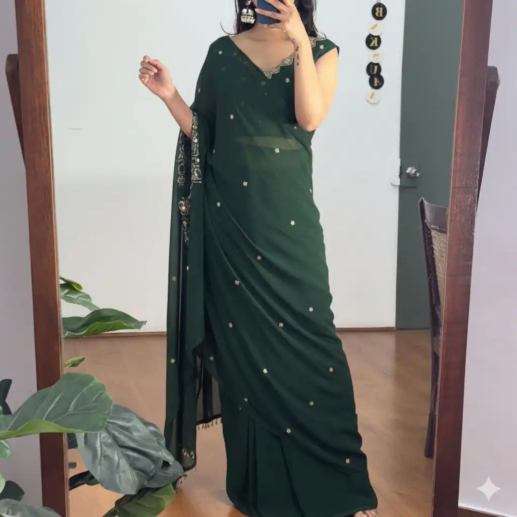 ST 1157 Green in Faux Georgette Mirror Work & Embroidery Work Saree. Festive Deal ₹1899. Delivery 4-6 Working Days. Shop now. | Designer Sarees, Sarees, Bollywood Sarees, Creative Sarees, Embroidered Sarees, Ethnic Saree, Modern Digital sarees, Party Wear Sarees