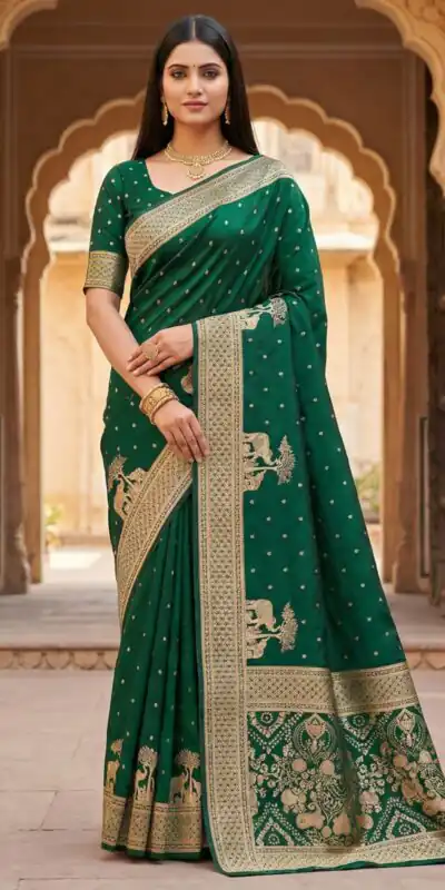 MB 25 GAJRAJ Green in Pure Banarasi Silk Zari Work & Lace Work Saree . Introductory Price ₹1899. Delivery 4-6 Working Days. Shop now. | Designer Sarees, Sarees, Bollywood Sarees, Creative Sarees, Embroidered Sarees, Ethnic Saree, Modern Digital sarees, Party Wear Sarees