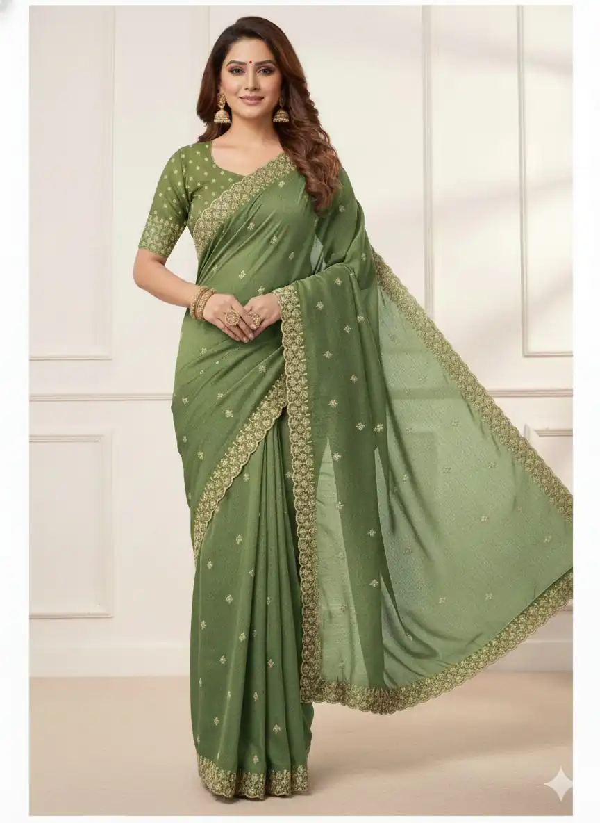 Green Star Georgette Embroidery Work Saree - Image 2