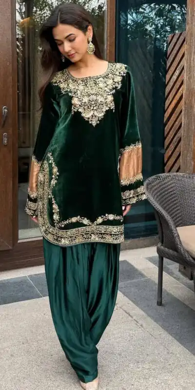 Green Velvet Mirror Sequence Work Salwar Suit