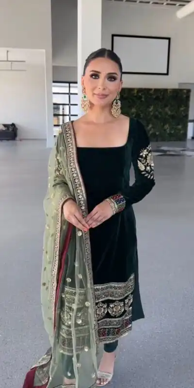 MF 487 Green Color Viscous Velvet Salwar Suit with Embroidery Work. Grab it for ₹2149. Delivery 4-6 Working Days. Shop now. | Jump Suits, Salwar suit, Casual Suits, Creative suits, Designer Suits, Palazzo Suits, Party Wear Suits, Patiala Suits, Straight Suits