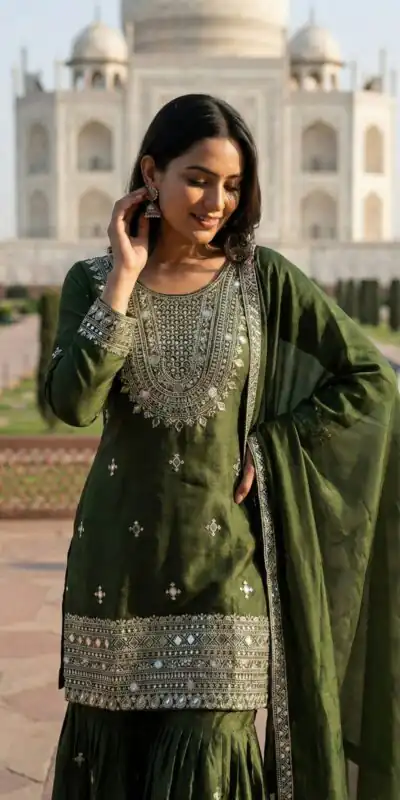 ZSR 3160 Green Zimmy Silk Salwar Suit with Embroidery Work & Mirror Work. Grab it for ₹2399. Delivery 4-6 Working Days. Shop now. | Jump Suits, Salwar suit, Casual Suits, Creative suits, Designer Suits, Palazzo Suits, Party Wear Suits, Patiala Suits, Straight Suits