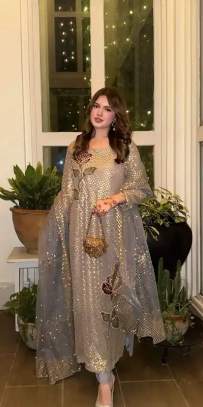 Grey Faux Georgette With Sequins Work Salwar Suit