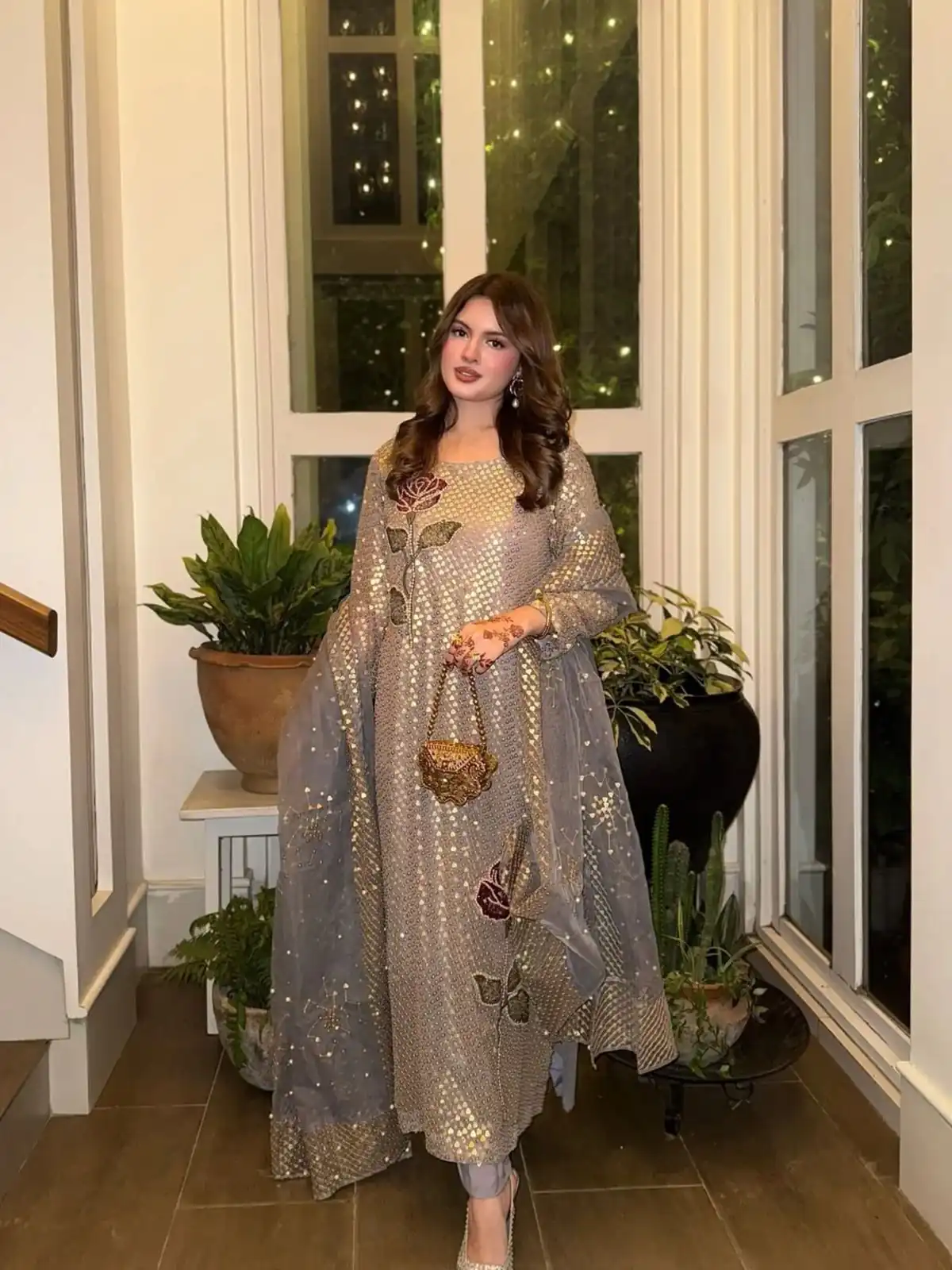 Grey Faux Georgette With Sequins Work Salwar Suit