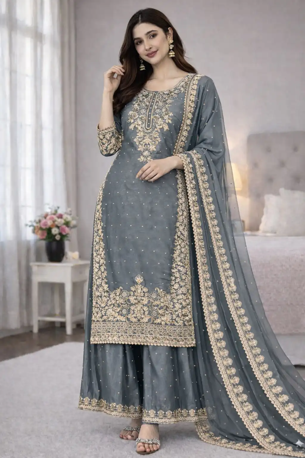 Grey Organza Silk Embroidery Work Salwar Suit - Image 2