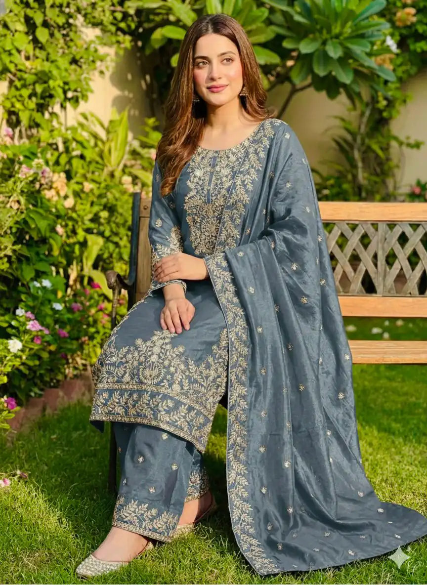 SRK 5316 Grey Organza Silk Salwar Suit Perfect for Wedding, Party, Makar Sankranti, Eid, Durga Puja – . Affordable Price ₹2149. Delivery 4-6 Workin | Jump Suits, Salwar suit, Casual Suits, Creative suits, Designer Suits, Palazzo Suits, Party Wear Suits, Patiala Suits, Straight Suits