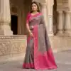 Grey Pochampalli Lace Zari Work Saree