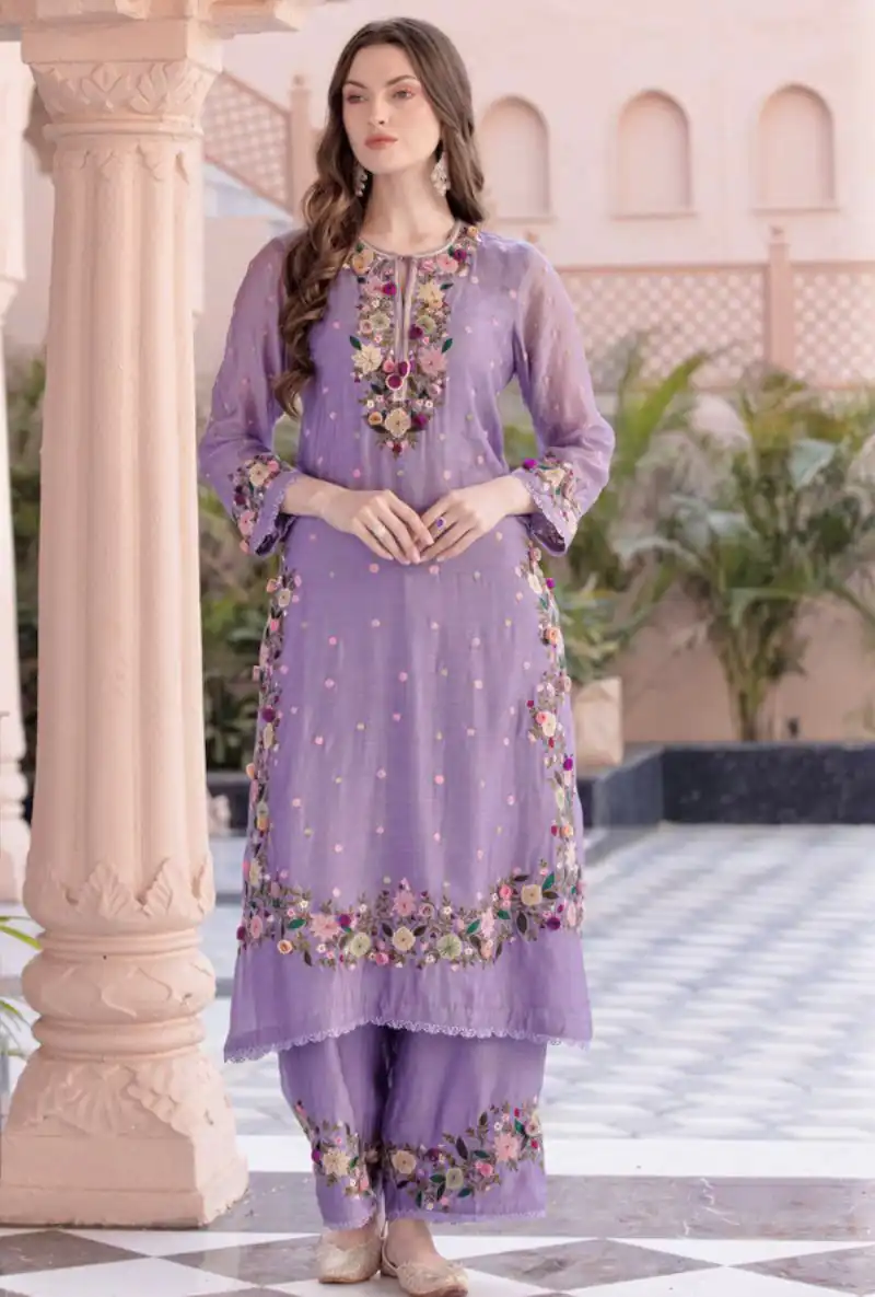 Lavender Faux Georgette Embroidery Lace Work Salwar Suit - Image 6