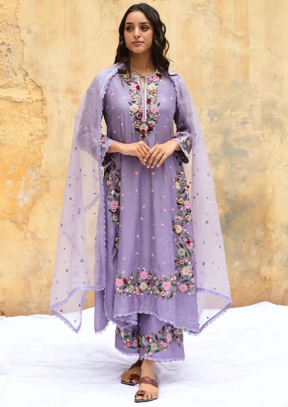 Lavender Faux Georgette Embroidery Lace Work Salwar Suit - Image 3