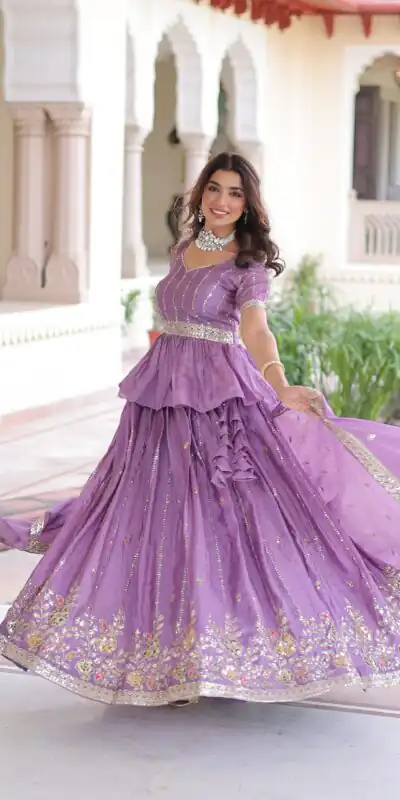 KA 5057 Lavender Gold Crush Lehenga Choli with Embroidery Work & Zari Work. Introductory Price ₹2649. Delivery 4-6 Working Days. Shop now. | Lehenga, Bollywood Lehenga, Creative Lehenga, Designer Lehenga, Embroidered Lehenga, Party Wear Lehenga