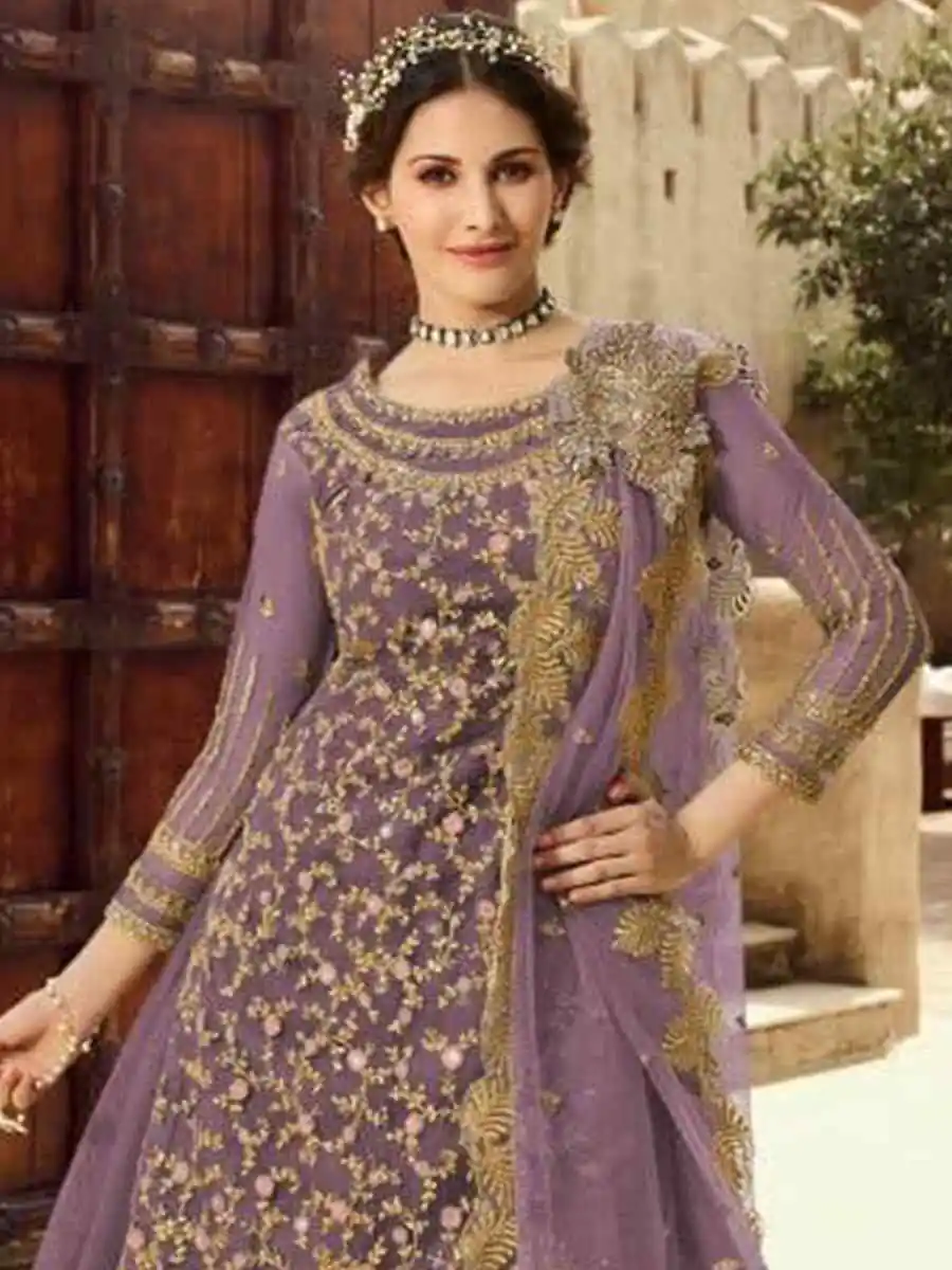 Lavender Soft Net With Embroidery Work Salwar Suit - Image 2