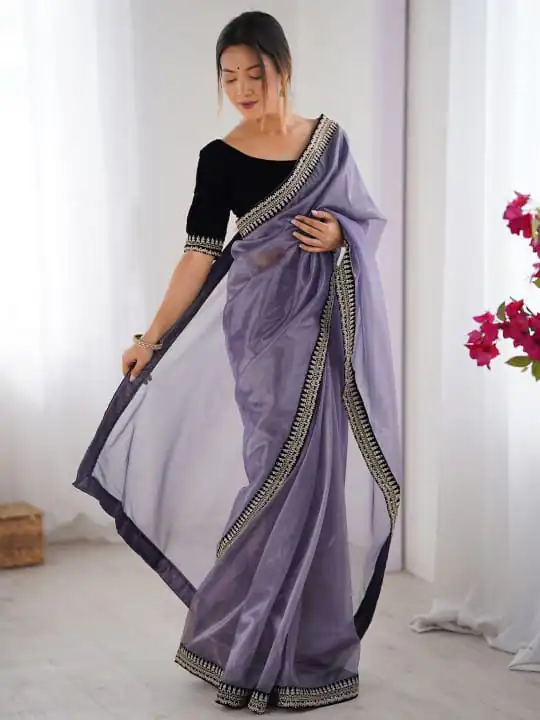 Lavender Soft Twil Net Silk Embroidery Work Saree - Image 3