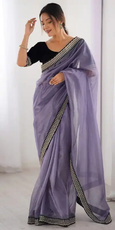 Lavender Soft Twil Net Silk Embroidery Work Saree