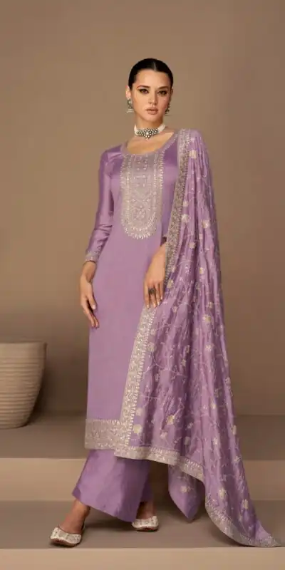 Lavender Vichitra Embroidery Stone Work Salwar Suit
