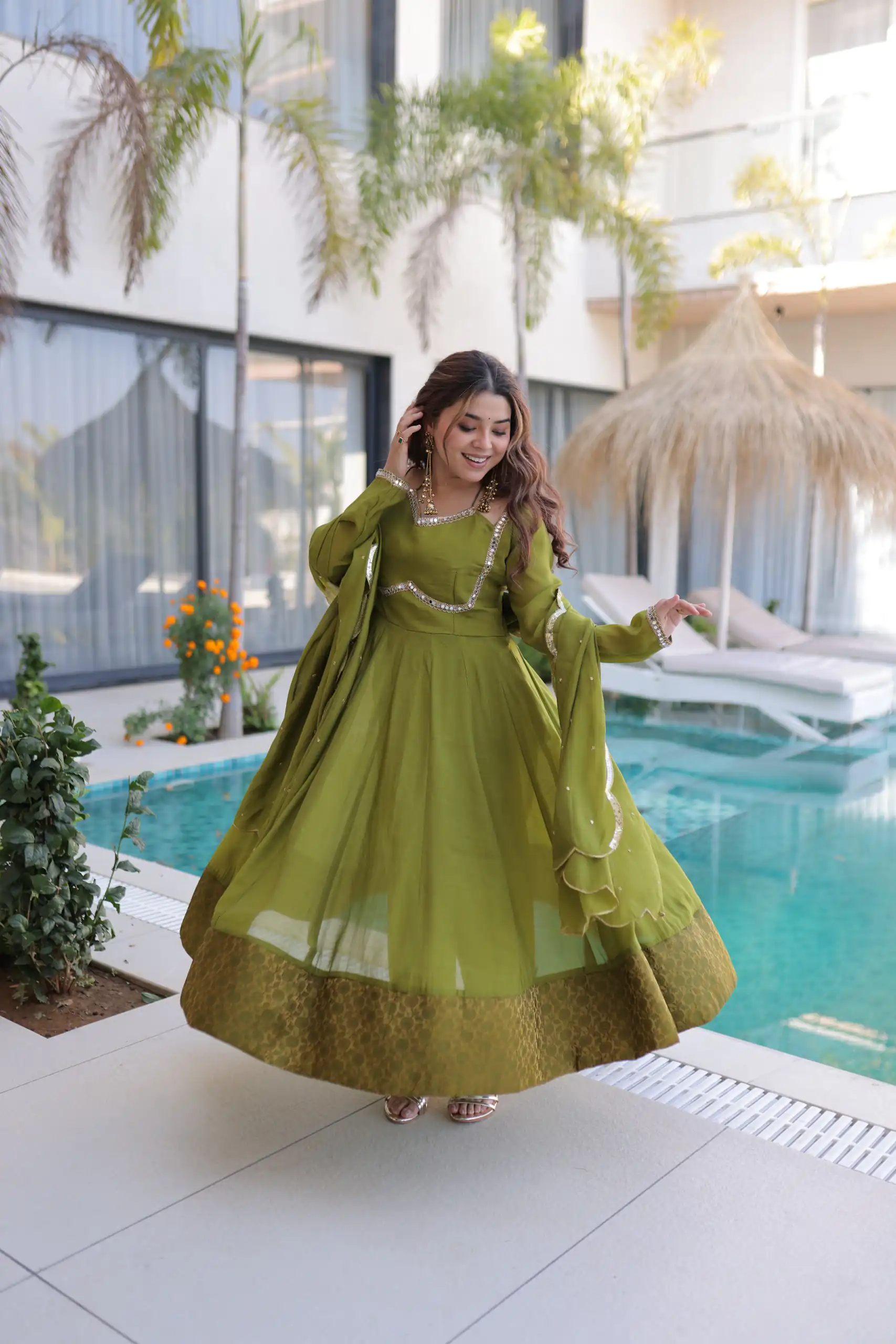 KA 1237 Mehendi Mul Chanderi Anarkali Suit with Embroidery Work & Mirror Work. Grab it for ₹2449. Delivery 4-6 Working Days. Shop now. | Anarkali Suits, Bollywood Anarkali, Creative-Anarkali, Designer Anarkali, Embroidered Anarkali, Party Wear Anarkali