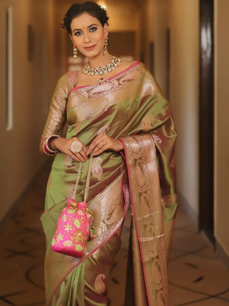 Mahendi Lichi Silk Border Lace Work Saree - Image 3