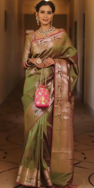 Mahendi Lichi Silk Border Lace Work Saree