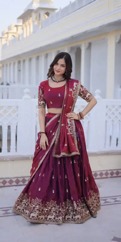 KA 5067 Maroon in Fendi Silk Embroidery Work & Zari Work Lehenga Choli . Affordable Price ₹3049. Delivery 4-6 Working Days. Shop now. | Lehenga, Bollywood Lehenga, Creative Lehenga, Designer Lehenga, Embroidered Lehenga, Party Wear Lehenga
