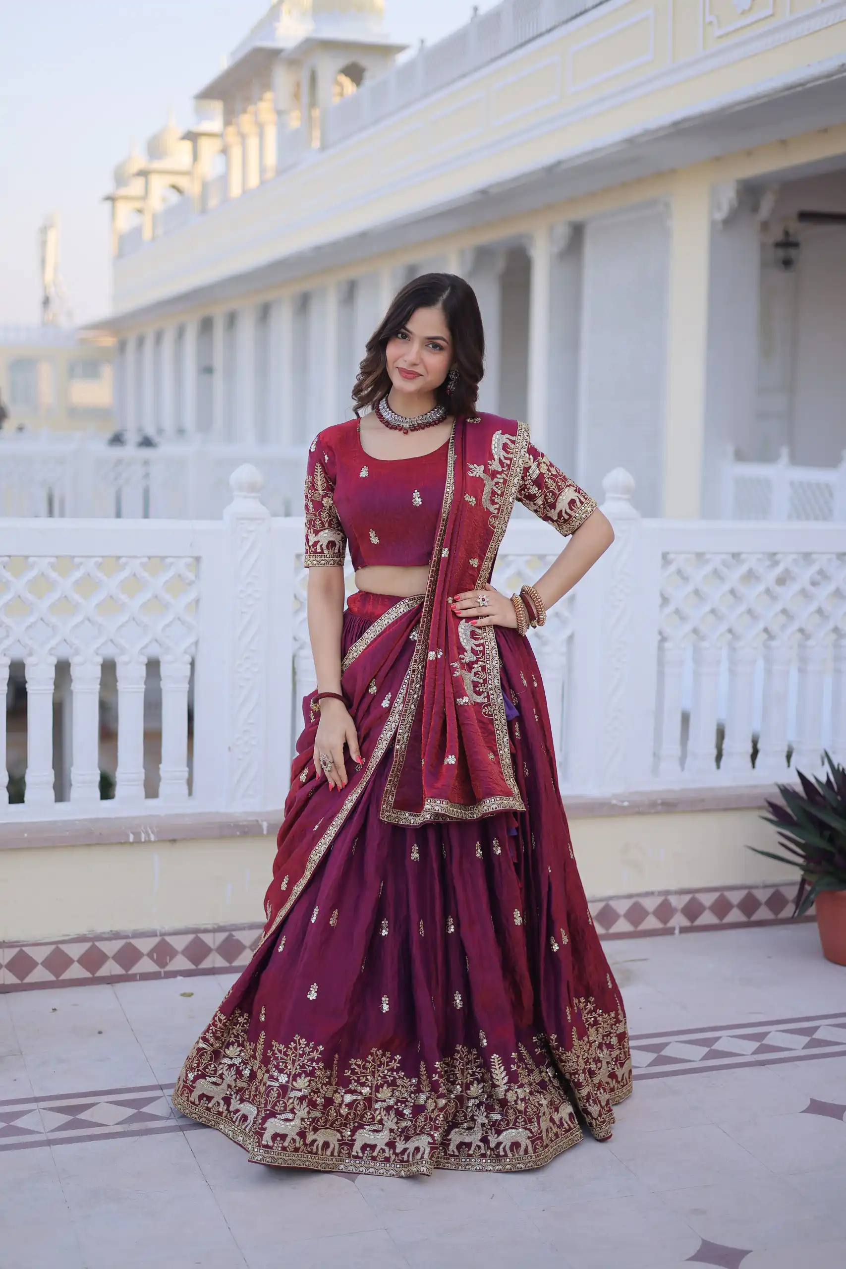 KA 5067 Maroon in Fendi Silk Embroidery Work & Zari Work Lehenga Choli . Affordable Price ₹3049. Delivery 4-6 Working Days. Shop now. | Lehenga, Bollywood Lehenga, Creative Lehenga, Designer Lehenga, Embroidered Lehenga, Party Wear Lehenga