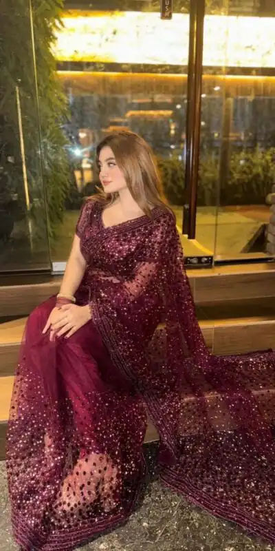 FB L307 Wine Sequins Work Saree in Wine Net. Available at ₹2599 only. Wedding, Party, Festive, Events, Delivery 4-6 Working Days. Shop now. | Designer Sarees, Sarees, Bollywood Sarees, Creative Sarees, Embroidered Sarees, Ethnic Saree, Modern Digital sarees, Party Wear Sarees