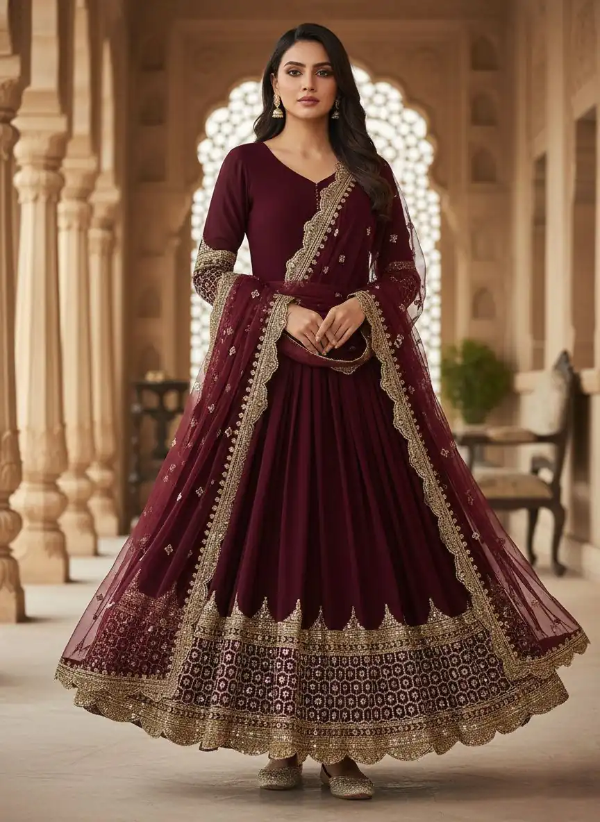 Maroon Faux Georgette With Embroidery Work Gown - Image 3