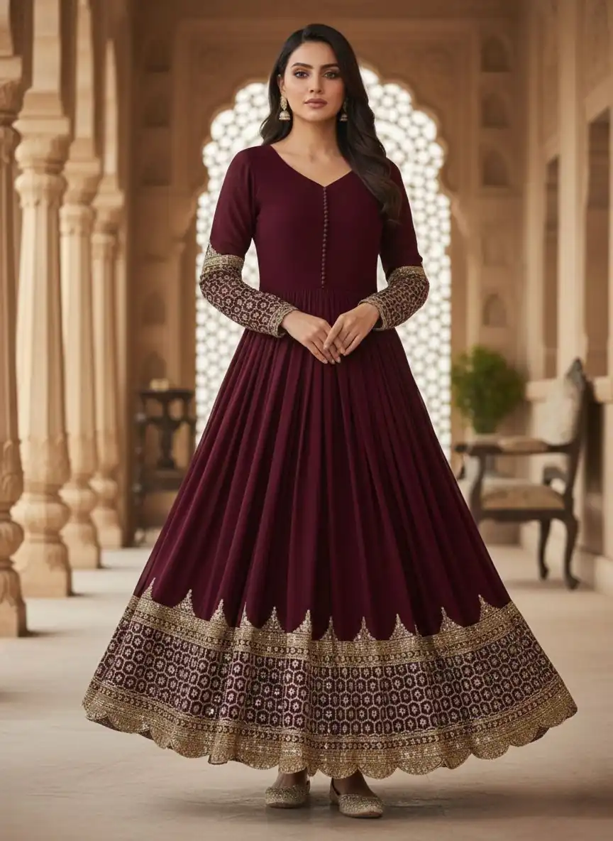 Maroon Faux Georgette With Embroidery Work Gown - Image 4