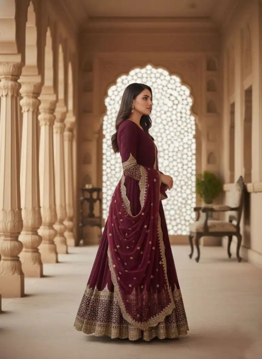 Maroon Faux Georgette With Embroidery Work Gown - Image 5