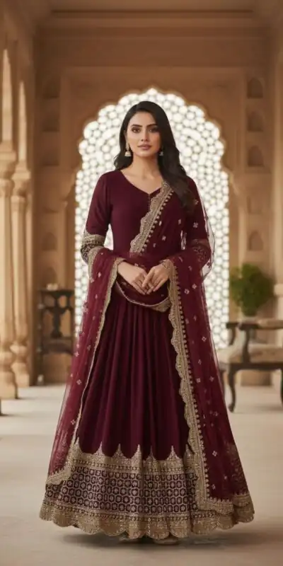 Maroon Faux Georgette With Embroidery Work Gown