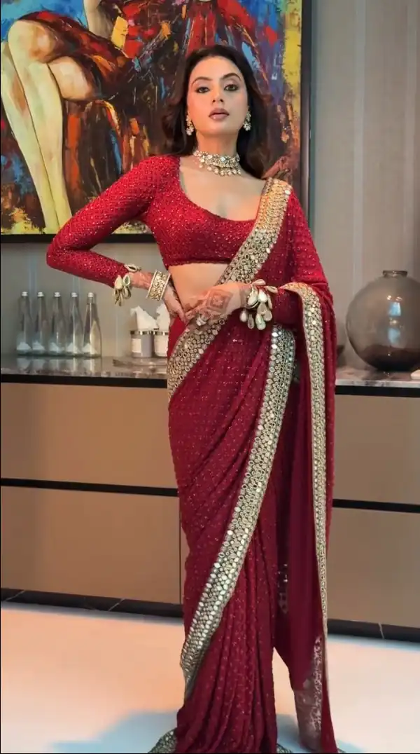 Maroon Georgette Embroidery Mirror Work Saree - Image 3