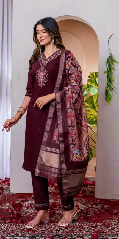 DIVA 112 Maroon Marina Silk Salwar Suit with Embroidery Work. Introductory Price ₹1999. Delivery 4-6 Working Days. Shop now. | Jump Suits, Salwar suit, Casual Suits, Creative suits, Designer Suits, Palazzo Suits, Party Wear Suits, Patiala Suits, Straight Suits