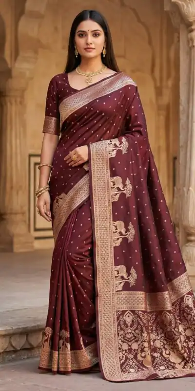MB 25 GAJRAJ Maroon in Pure Banarasi Silk Zari Work & Lace Work Saree . Introductory Price ₹1899. Delivery 4-6 Working Days. Shop now. | Designer Sarees, Sarees, Bollywood Sarees, Creative Sarees, Embroidered Sarees, Ethnic Saree, Modern Digital sarees, Party Wear Sarees