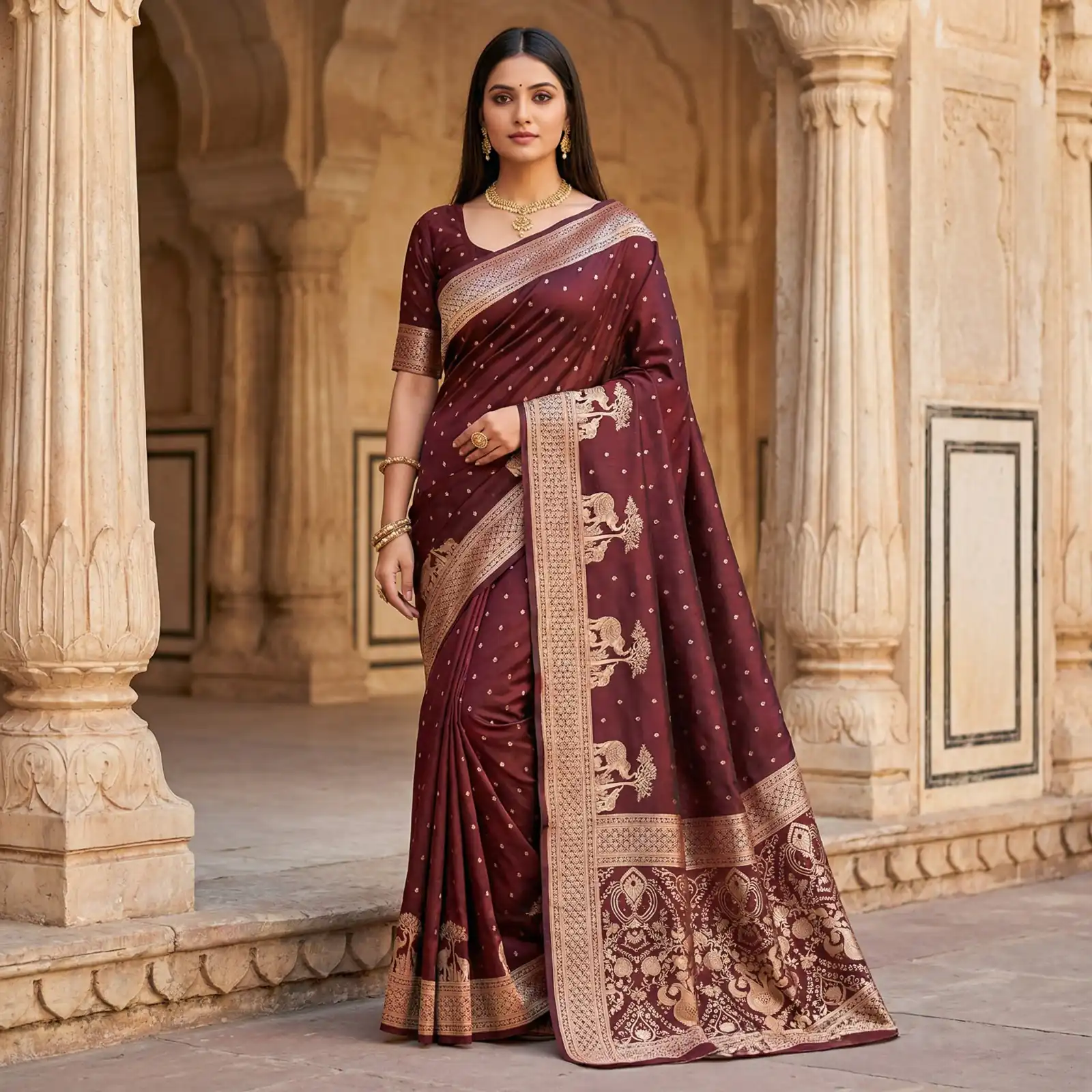 MB 25 GAJRAJ Maroon in Pure Banarasi Silk Zari Work & Lace Work Saree . Introductory Price ₹1899. Delivery 4-6 Working Days. Shop now. | Designer Sarees, Sarees, Bollywood Sarees, Creative Sarees, Embroidered Sarees, Ethnic Saree, Modern Digital sarees, Party Wear Sarees