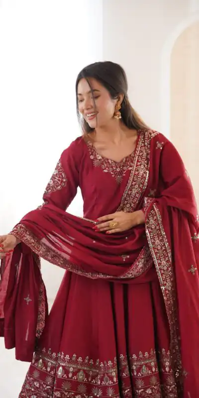 ZF 5016 Maroon Roman Silk Gown with Embroidery Work. Wedding, Party, Festive, Events, Navratri, Exclusive Offer ₹2499. Delivery 4-6 Working Days. Shop now. | Gowns, Bollywood Gowns, Creative Gowns, Designer Gowns, Embroidered Gowns, Party Wear Gowns