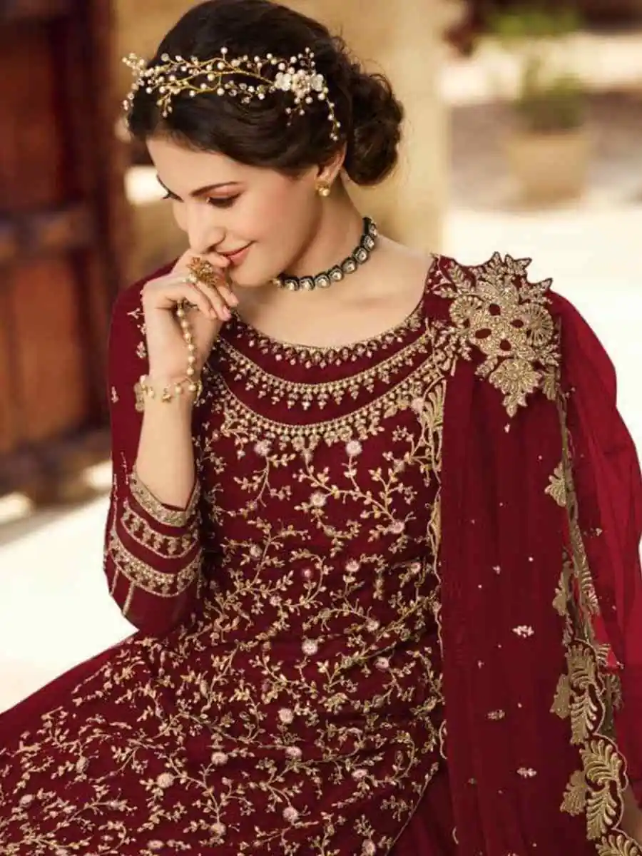 Maroon Soft Net With Embroidery Work Salwar Suit - Image 4