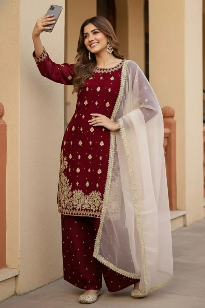 KF 1717 Maroon Zimmy Silk Salwar Suit with Lace Work & Embroidery Work. Affordable Price ₹2149. Delivery 4-6 Working Days. Shop now. | Jump Suits, Salwar suit, Casual Suits, Creative suits, Designer Suits, Palazzo Suits, Party Wear Suits, Patiala Suits, Straight Suits
