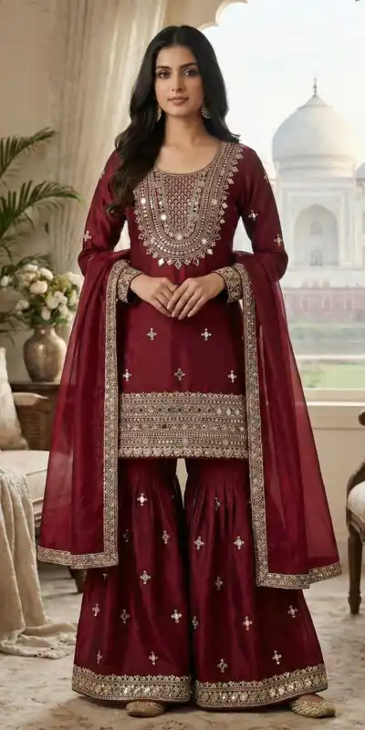 Maroon Zimmy Silk Embroidery Work Work Sawar Suit