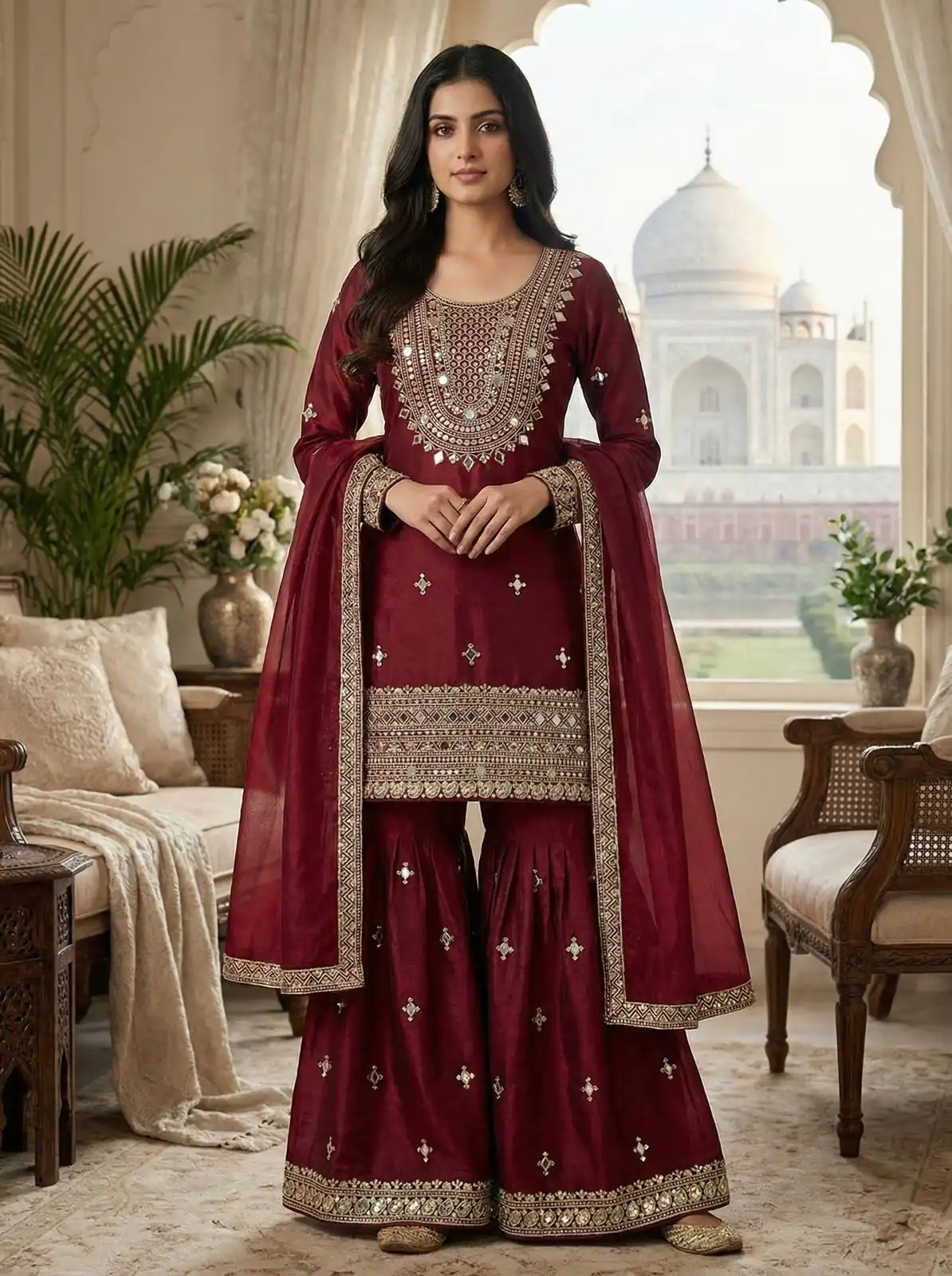 ZSR 3160 Maroon Zimmy Silk Salwar Suit with Embroidery Work & Mirror Work. Grab it for ₹2399. Delivery 4-6 Working Days. Shop now. | Jump Suits, Salwar suit, Casual Suits, Creative suits, Designer Suits, Palazzo Suits, Party Wear Suits, Patiala Suits, Straight Suits