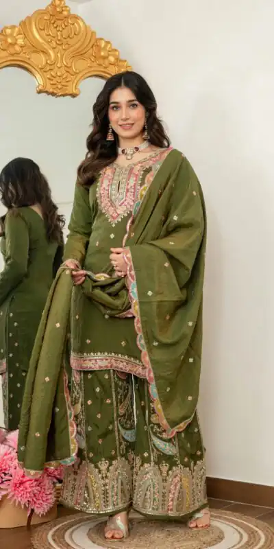 WW 6007 Mehendi Vichitra Silk Salwar Suit with Embroidery Work. Wedding, Party, Festive, Events, Grab it for ₹2599. Delivery 4-6 Working Days. Shop now. | Jump Suits, Salwar suit, Casual Suits, Creative suits, Designer Suits, Palazzo Suits, Party Wear Suits, Patiala Suits, Straight Suits