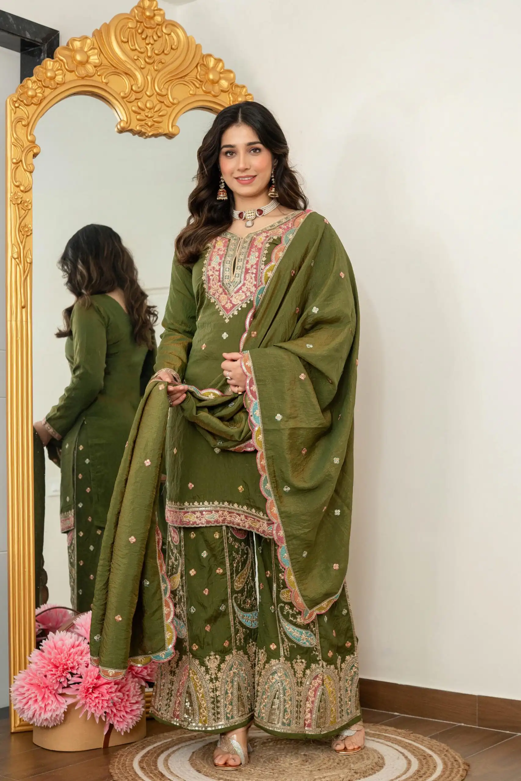 WW 6007 Mehendi Vichitra Silk Salwar Suit with Embroidery Work. Wedding, Party, Festive, Events, Grab it for ₹2599. Delivery 4-6 Working Days. Shop now. | Jump Suits, Salwar suit, Casual Suits, Creative suits, Designer Suits, Palazzo Suits, Party Wear Suits, Patiala Suits, Straight Suits