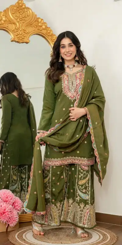 WW 6007 Mehendi Vichitra Silk Salwar Suit with Embroidery Work. Wedding, Party, Festive, Events, Grab it for ₹2599. Delivery 4-6 Working Days. Shop now. | Jump Suits, Salwar suit, Casual Suits, Creative suits, Designer Suits, Palazzo Suits, Party Wear Suits, Patiala Suits, Straight Suits