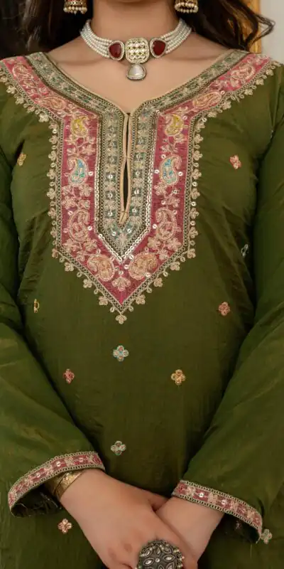 WW 6007 Mehendi Vichitra Silk Salwar Suit with Embroidery Work. Wedding, Party, Festive, Events, Grab it for ₹2599. Delivery 4-6 Working Days. Shop now. | Jump Suits, Salwar suit, Casual Suits, Creative suits, Designer Suits, Palazzo Suits, Party Wear Suits, Patiala Suits, Straight Suits