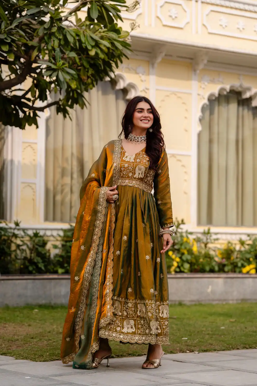 RR 38 Mustered Fendy Satin Gown Perfect for Wedding, Party, Pongal, Makar Sankranti, Ganesh Chaturthi – . Available at ₹2649 only. Delivery 4-6 Wor | Gowns, Bollywood Gowns, Creative Gowns, Designer Gowns, Embroidered Gowns, Party Wear Gowns