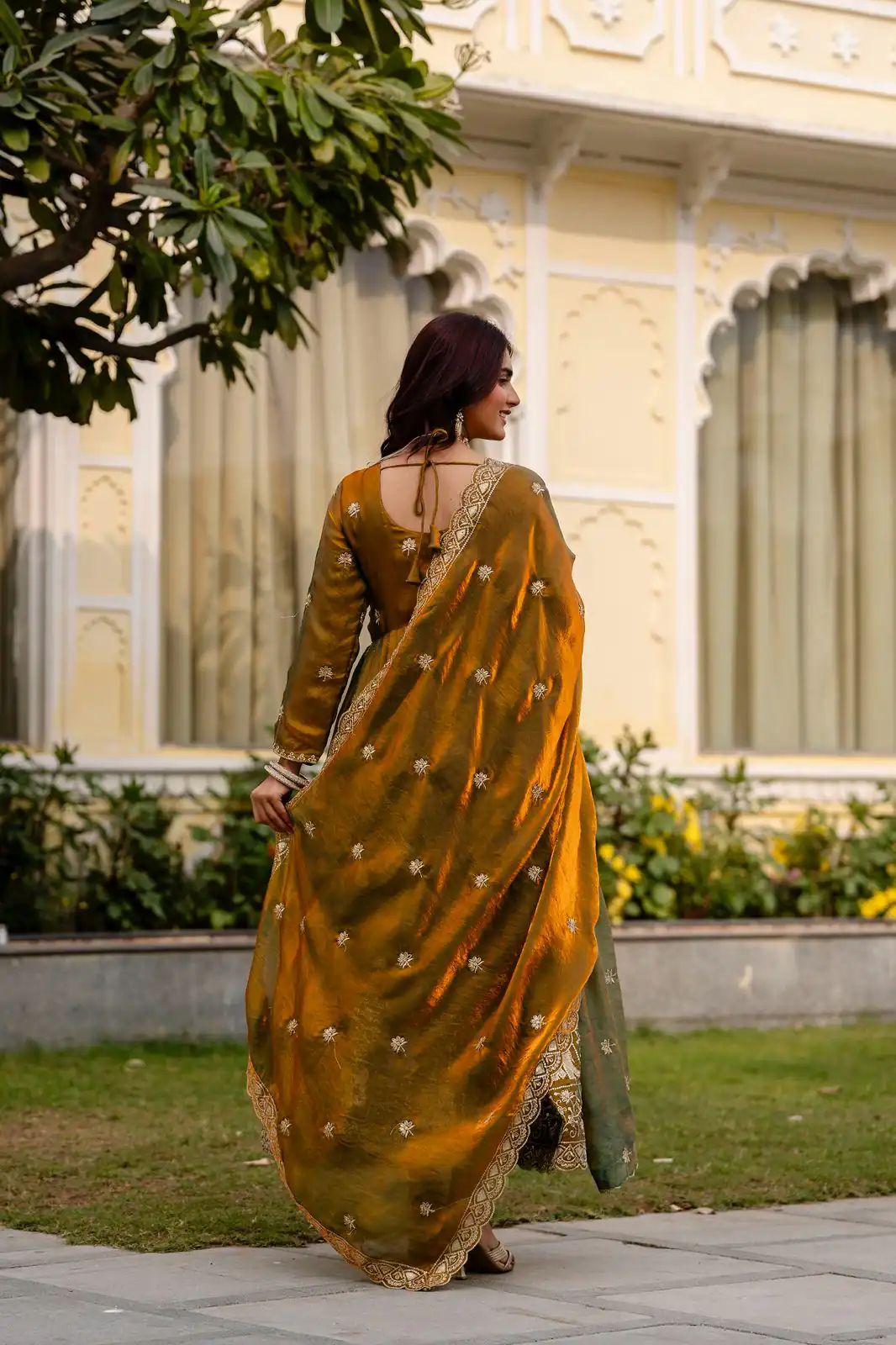 RR 38 Mustered Fendy Satin Gown Perfect for Wedding, Party, Pongal, Makar Sankranti, Ganesh Chaturthi – . Available at ₹2649 only. Delivery 4-6 Wor | Gowns, Bollywood Gowns, Creative Gowns, Designer Gowns, Embroidered Gowns, Party Wear Gowns