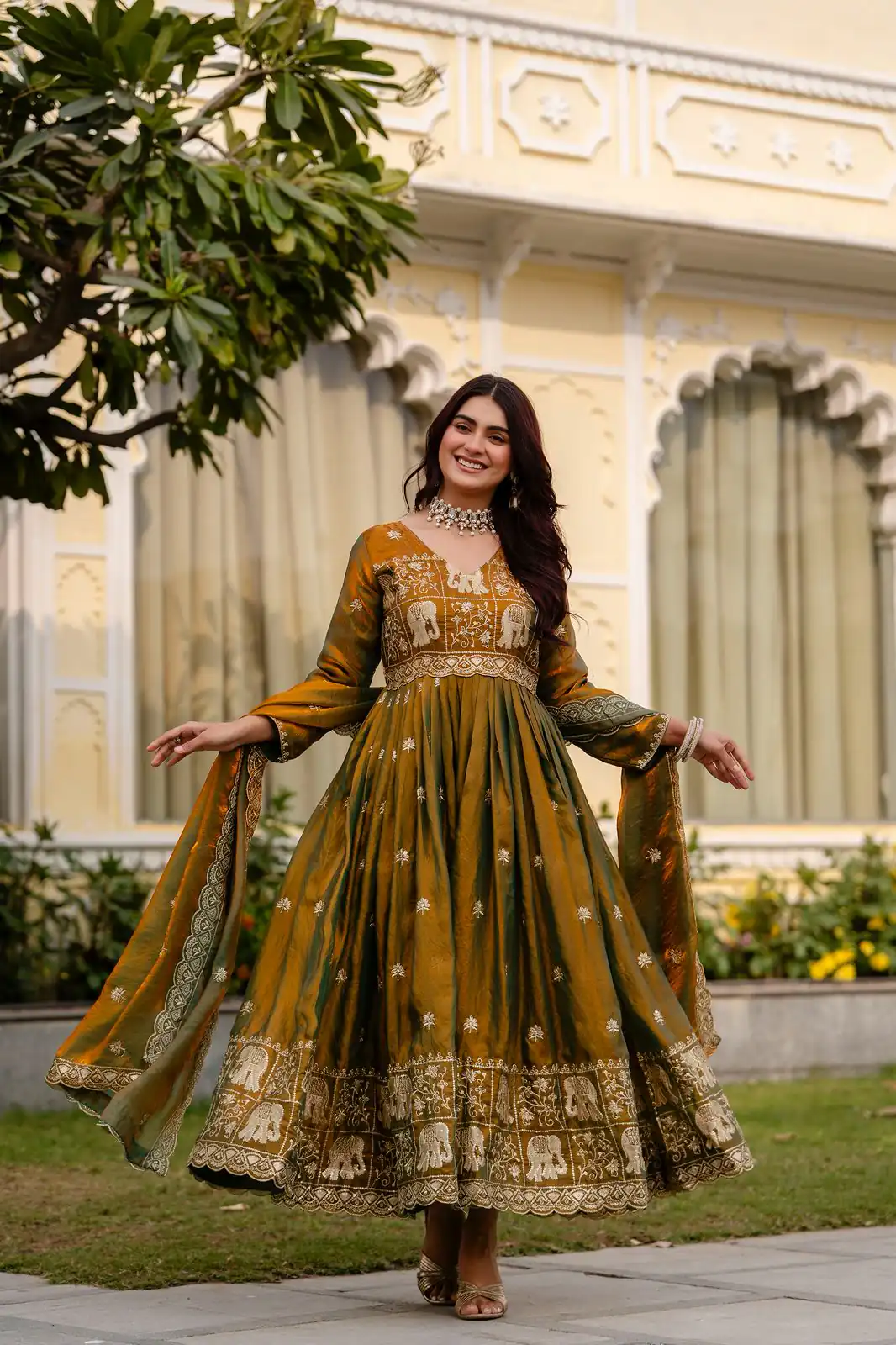 RR 38 Mustered Fendy Satin Gown Perfect for Wedding, Party, Pongal, Makar Sankranti, Ganesh Chaturthi – . Available at ₹2649 only. Delivery 4-6 Wor | Gowns, Bollywood Gowns, Creative Gowns, Designer Gowns, Embroidered Gowns, Party Wear Gowns