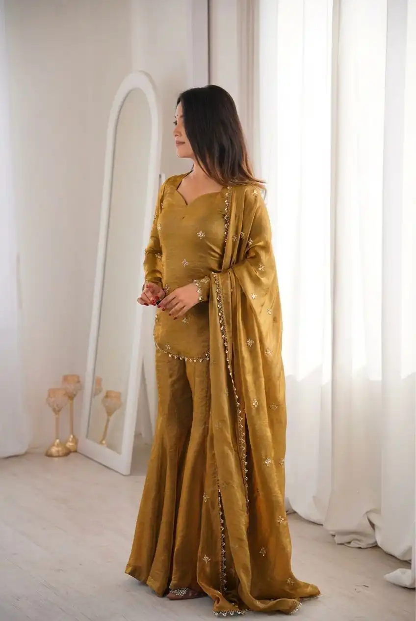 ZSR 3159 Mustered Fendy Silk Salwar Suitwith Embroidery Work & Lace Work. Now at just ₹2049. Delivery 4-6 Working Days. Shop now. | Jump Suits, Salwar suit, Casual Suits, Creative suits, Designer Suits, Palazzo Suits, Party Wear Suits, Patiala Suits, Straight Suits